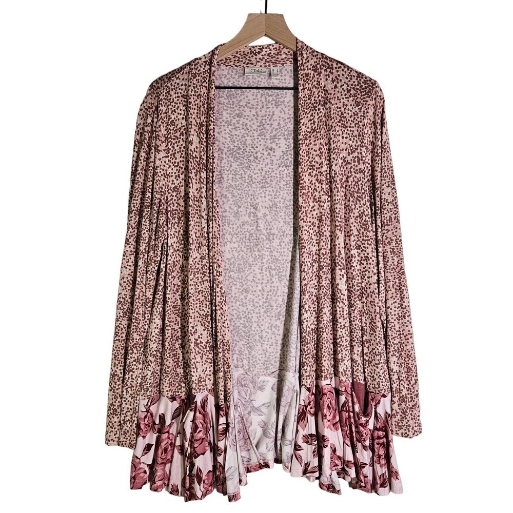 Logo Lori Goldstein‎ Jersey Open Front Cardi Top Ruffles M Rose Pink Floral